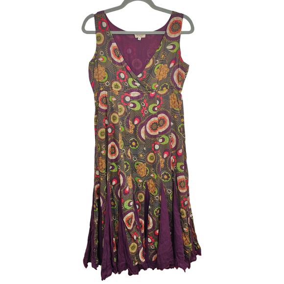 Vintage Y2K Magic Midi Dress Womens Medium Green Purple Print Pleated Wrap Front - Picture 1 of 8